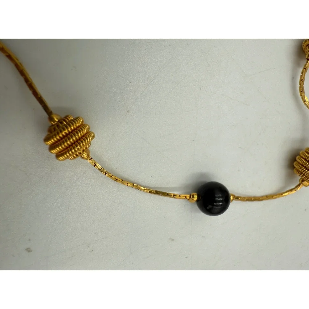 Vintage Gold Tone Station Necklace with Black Beads and Coiled Wire Accents